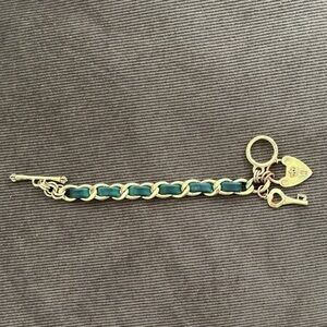 Juicy Couture Gold Green Leather Chain Link Heart Lock/Key Charm Bracelet